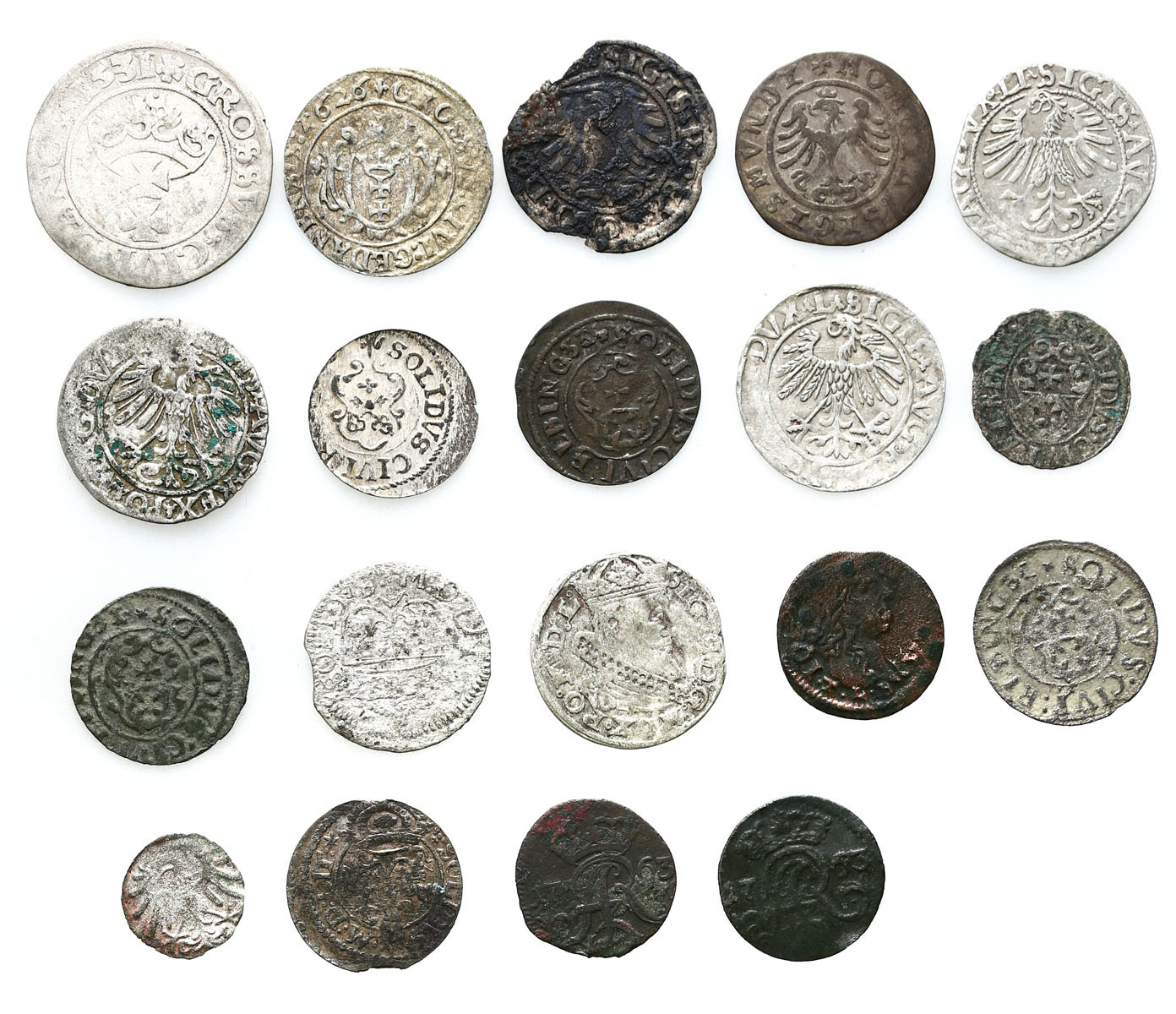 Polska i Inflanty, XVI-XVIII wiek. Denar, półgrosz, grosz, szeląg, zestaw 19 monet